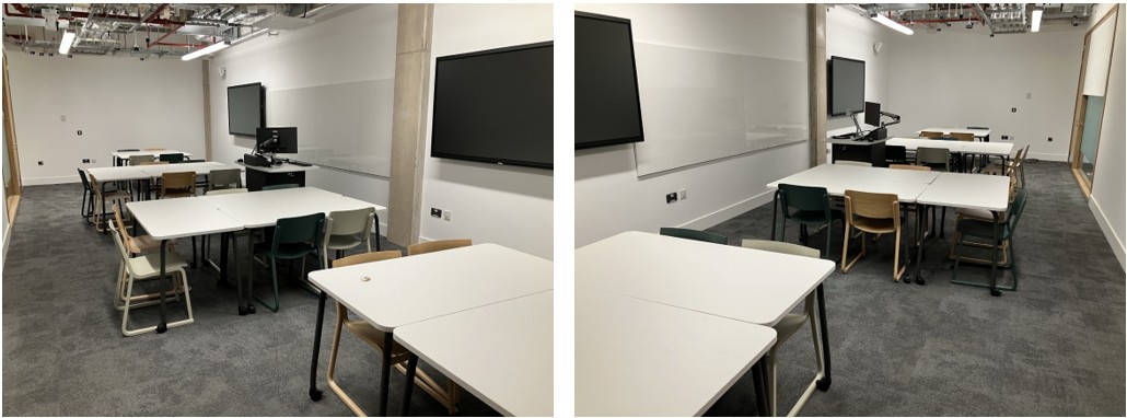 Classroom with table and chairs set up in groups